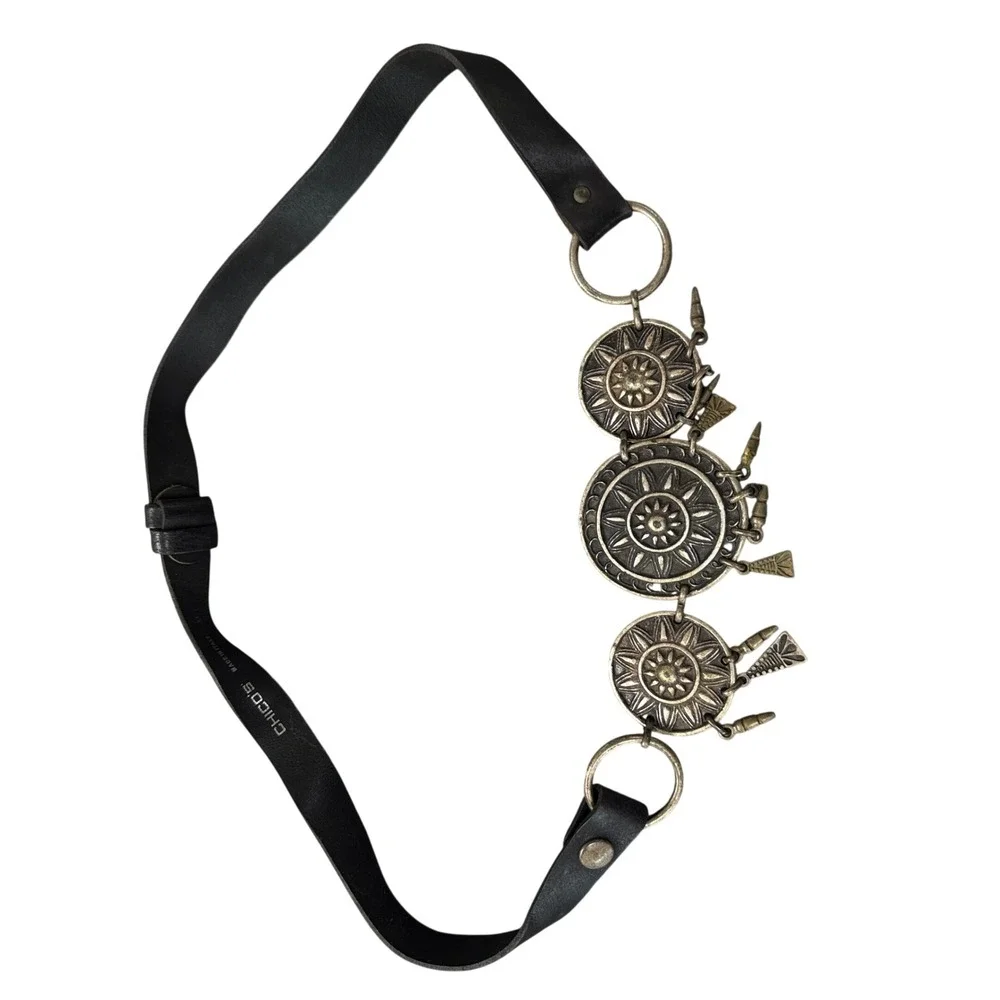Chico's Belt Womens M/L Black Excellent Leather Medallion Boho Made in Italy